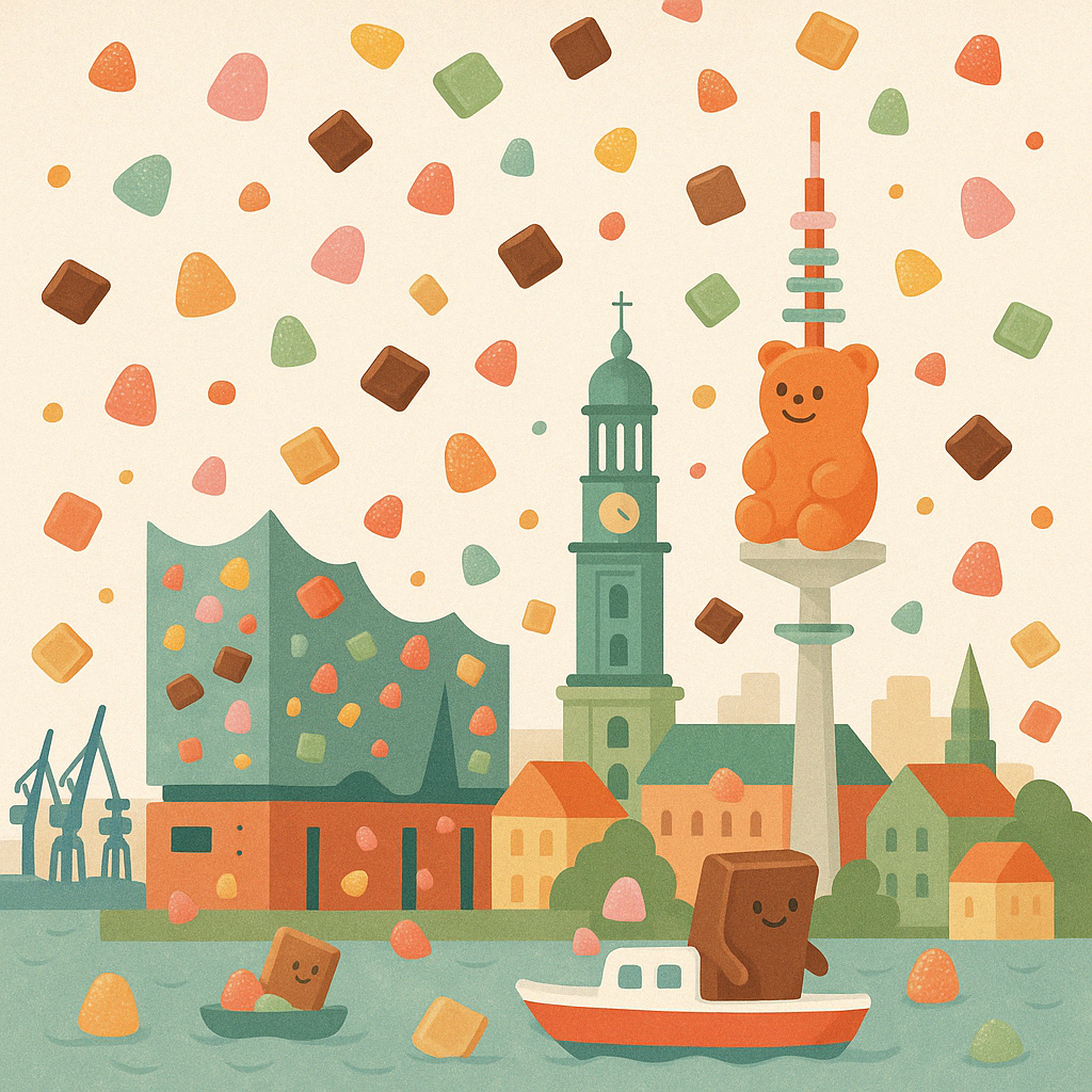 Illustration der Hamburger Stadtsilhouette mit konfettiartigen Edibles